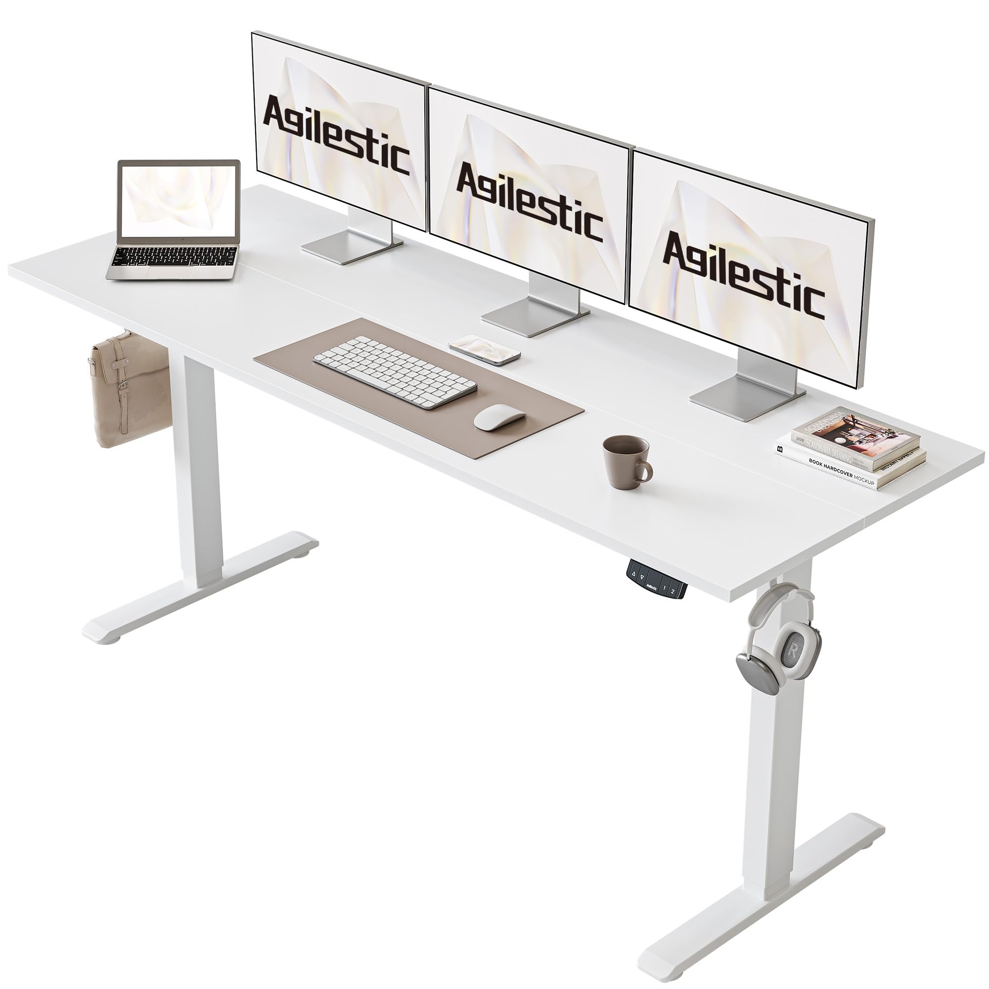 Agilestic L-Shaped Electric Standing Desk, 140cm Height Adjustable Sit-Stand Desk for Home Office, Ergonomic Computer Desk with Spliced Board, White