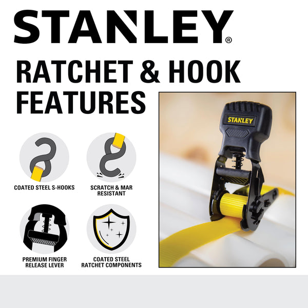STANLEY S1007 Black/Yellow 1.5" x 16' Ratchet Tie Down Straps - 1,100 lb Safe Working Load / 3,300 lb Break Strength, 2 Pack