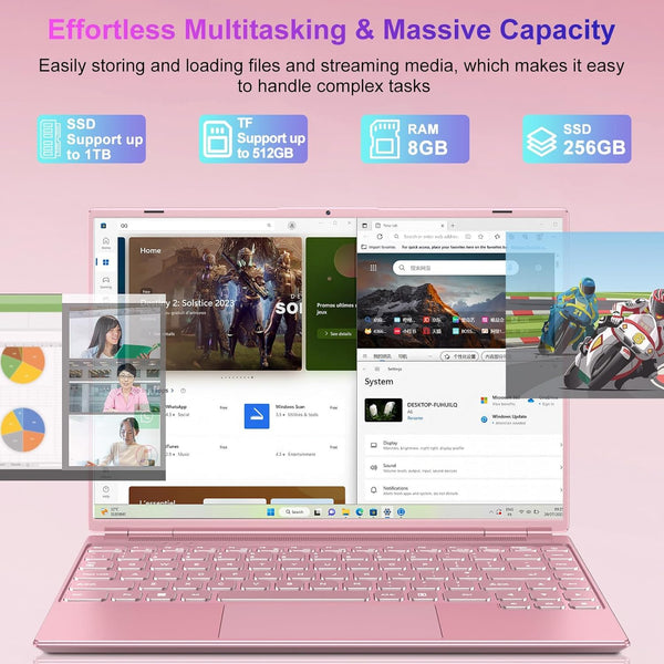 HUQPPQ 14 Inch Laptop Celeron N5095 Processor (Up to 2.9GHz) 8GB RAM 256GB SSD Win11 Laptops | FHD 1920×1200 IPS Display | WiFi 5, BT4.2, Webcam | 180° Foldable | For Students & Business-Pink-N700