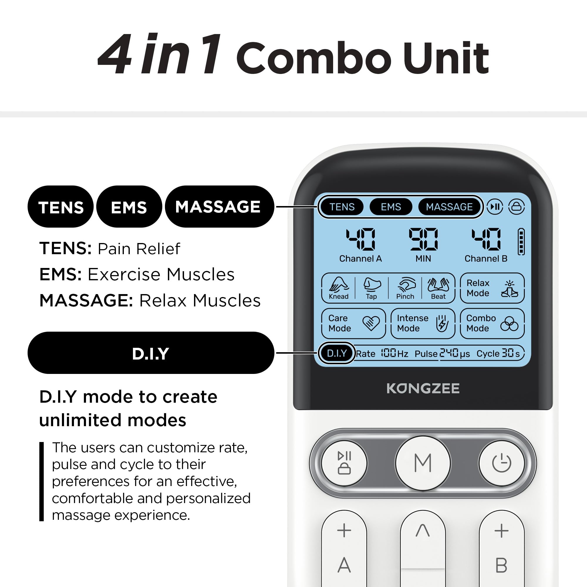 4 in 1 - D.I.Y & Tens Unit & EMS & Massage Muscle Stimulator, Dual Channel Therapy Machine for Pain Relief, FDA Cleared Rechargeable Electronic Pulse Massager,with 12pcs Electrode Pads