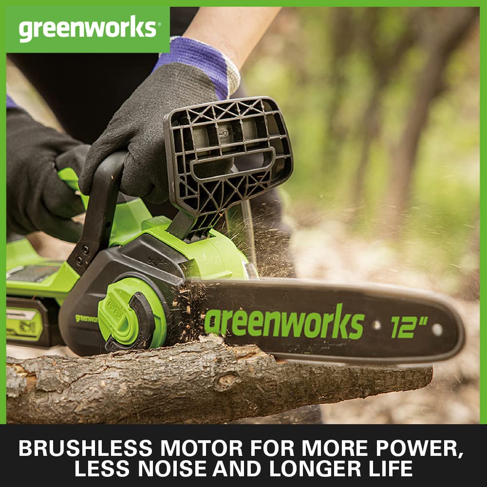 Greenworks GD24CS30K4 Cordless Chainsaw with Brushless Motor, 30cm Bar Length, 7.8m/s Chain Speed, Auto-Oiler, Kickback Protection, 24V 4Ah Battery & Charger, 3 Year Guarantee