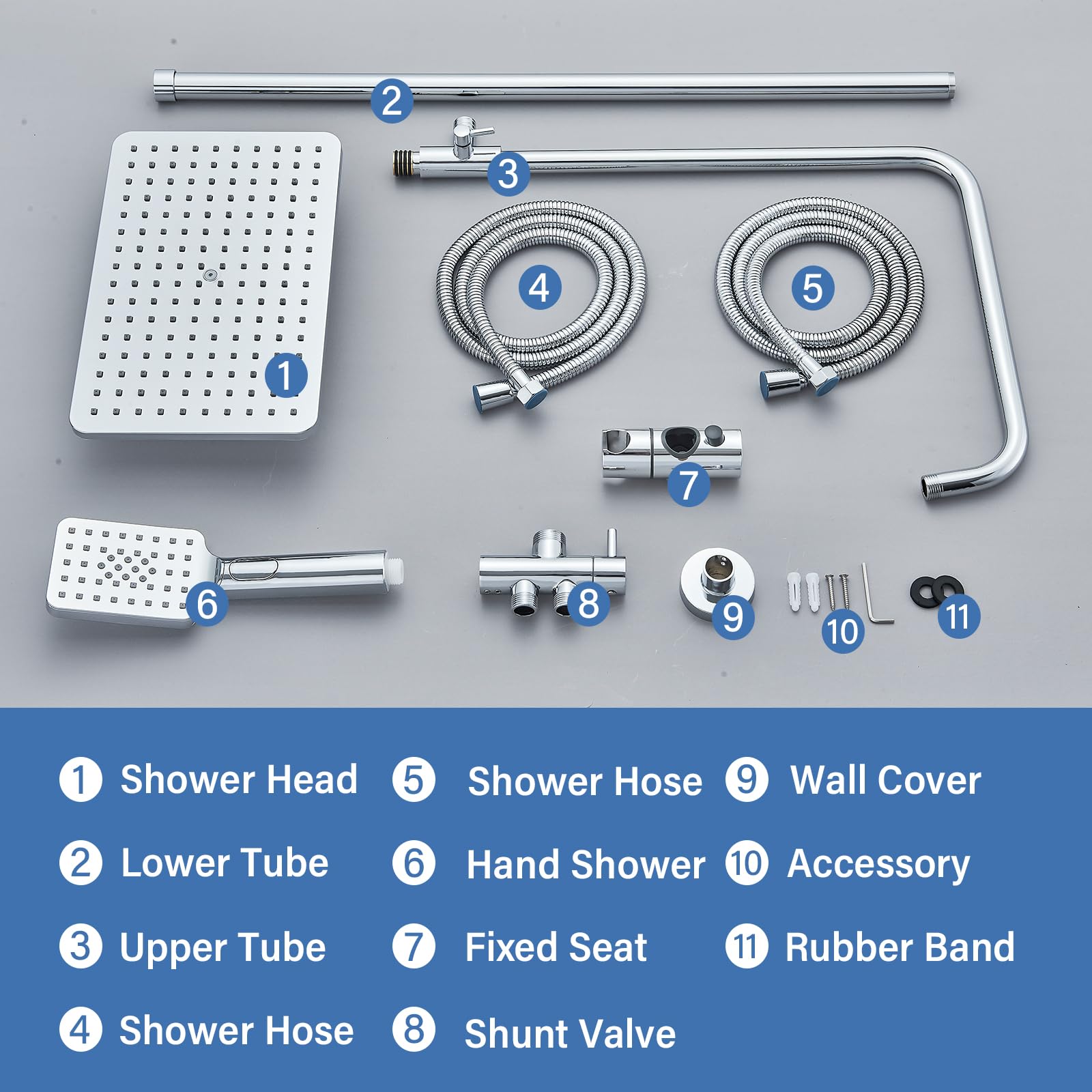 Rozin Shower Riser Rail Kit Adjustable Chrome 2 Functions Square Overhead 29 * 19cm and Hand Shower Stainless Steel Easy Install