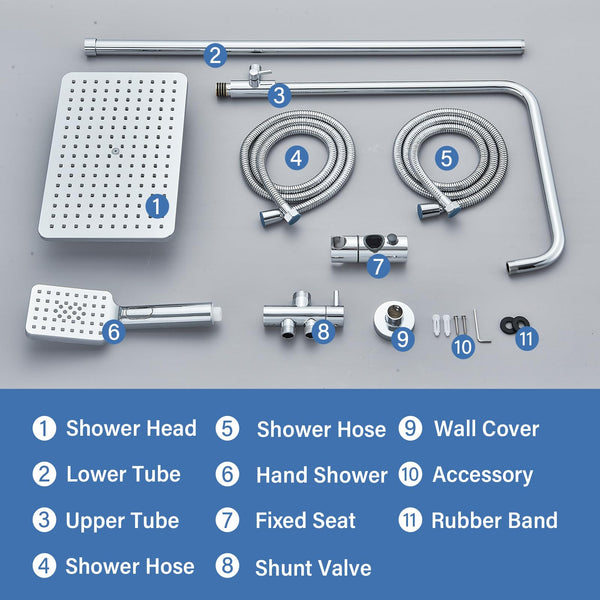 Rozin Shower Riser Rail Kit Adjustable Chrome 2 Functions Square Overhead 29 * 19cm and Hand Shower Stainless Steel Easy Install