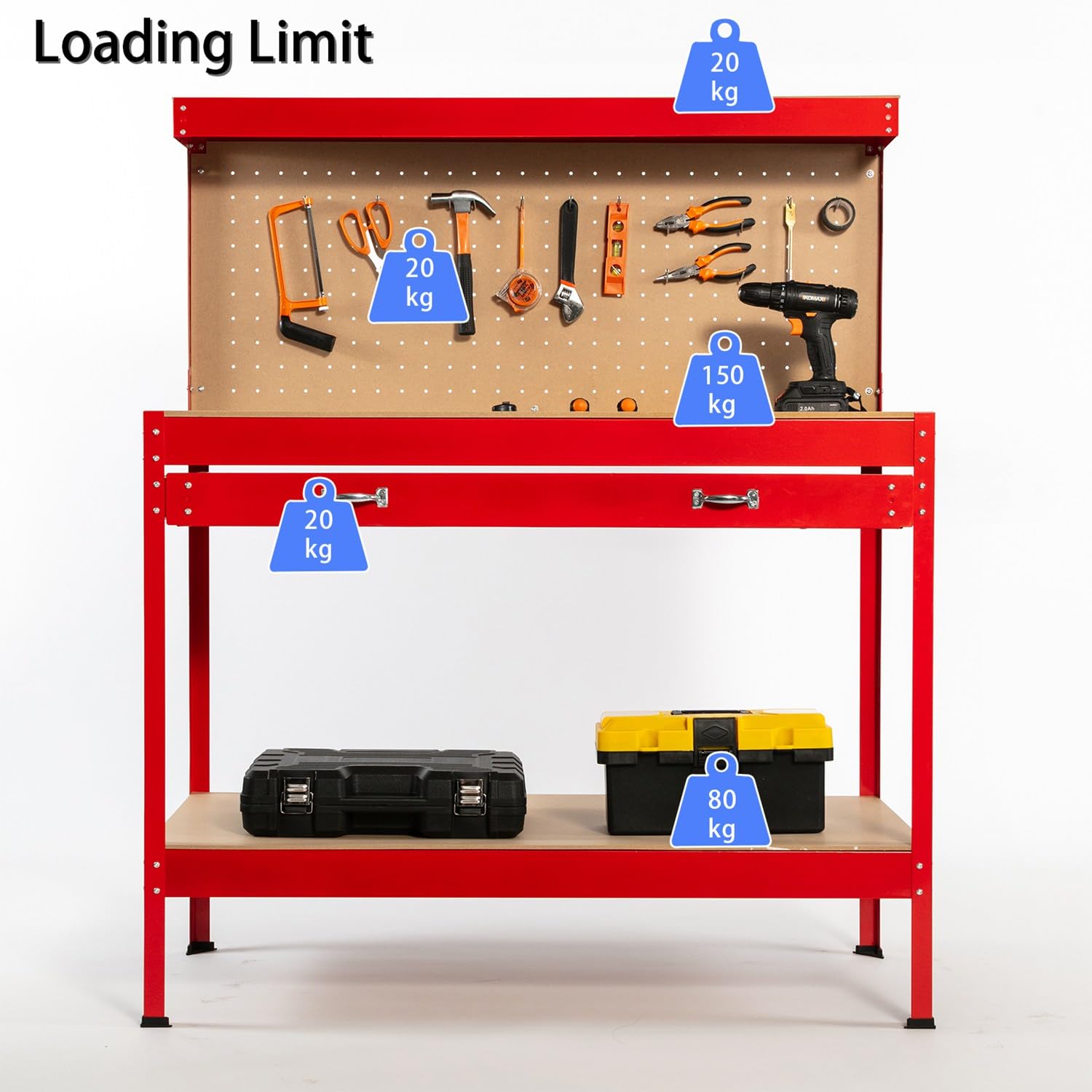 SwitZer New Red Steel Garage Tool Box Toolbox Work Bench Workbench Storage With Drawers Pegboard and 20 Pegs Shelf DIY Workshop Station