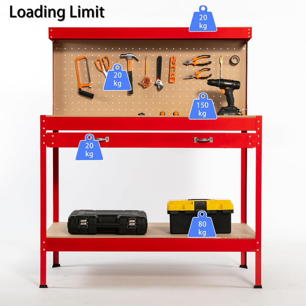 SwitZer New Red Steel Garage Tool Box Toolbox Work Bench Workbench Storage With Drawers Pegboard and 20 Pegs Shelf DIY Workshop Station