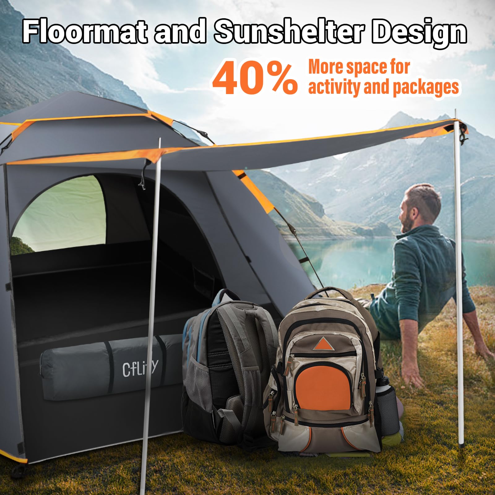 Cflity Camping Tent, 3 Man Pop Up Tent Automatic Instant Three Layer Waterproof 4 Season Large Dome Tent & Shelters with Extended Floor Mat Porch 2 Hall Poles Removable Rainfly