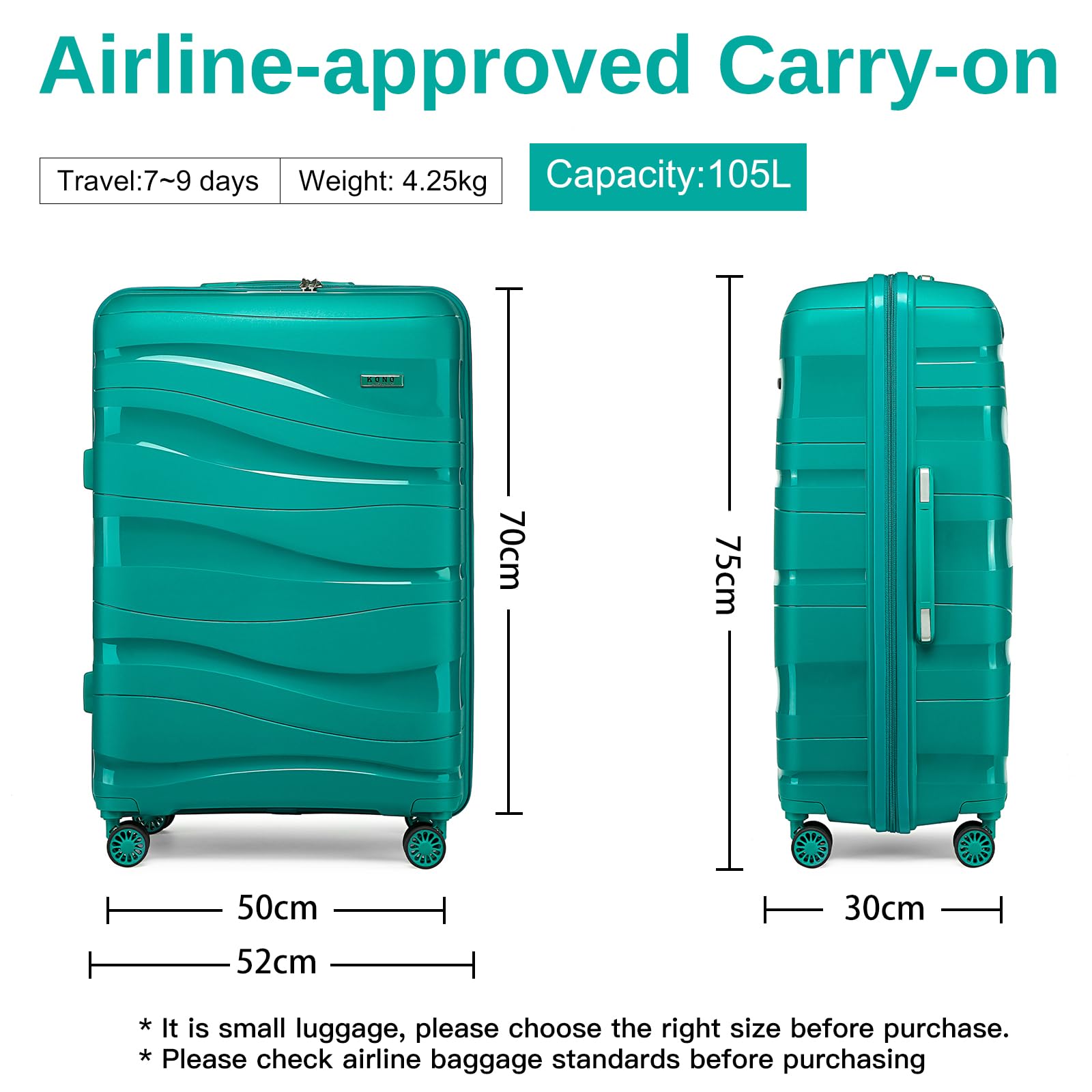 Kono Luggage Sets of 2 Piece Lightweight Polypropylene Hard Shell Suitcase with TSA Lock Spinner Wheels Travel Carry On Hand Cabin Luggage with Beauty Case (Set of 2, Black)