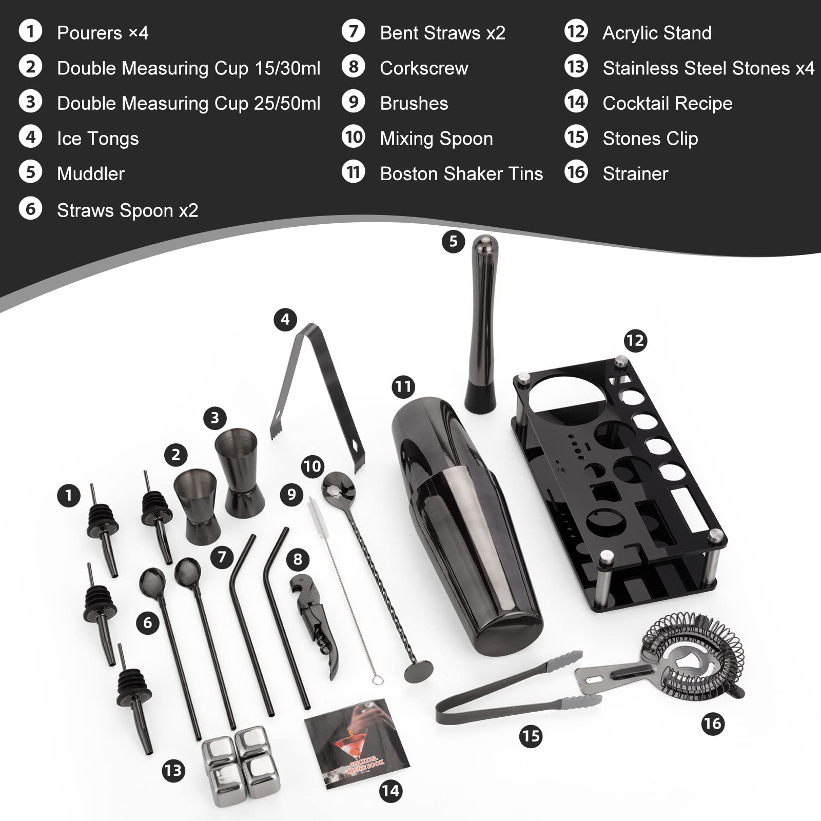 KinGrow Cocktail Shaker Set, 23-Piece Boston Stainless Steel Bartender Kit with Acrylic Stand & Cocktail Recipes Booklet, Professional Bar Tools for