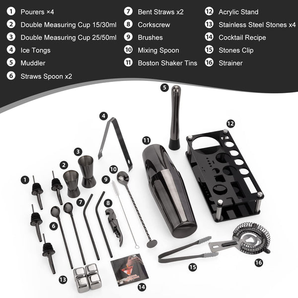 KinGrow Cocktail Shaker Set, 23-Piece Boston Stainless Steel Bartender Kit with Acrylic Stand & Cocktail Recipes Booklet, Professional Bar Tools for