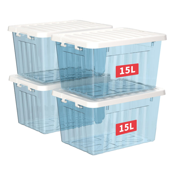 Cetomo 15L*4 Storage Boxes with Lids, Plastic Storage Bins with Latching Buckles, Click Closure, Stackable, Nesting, Organizer for Home Office
