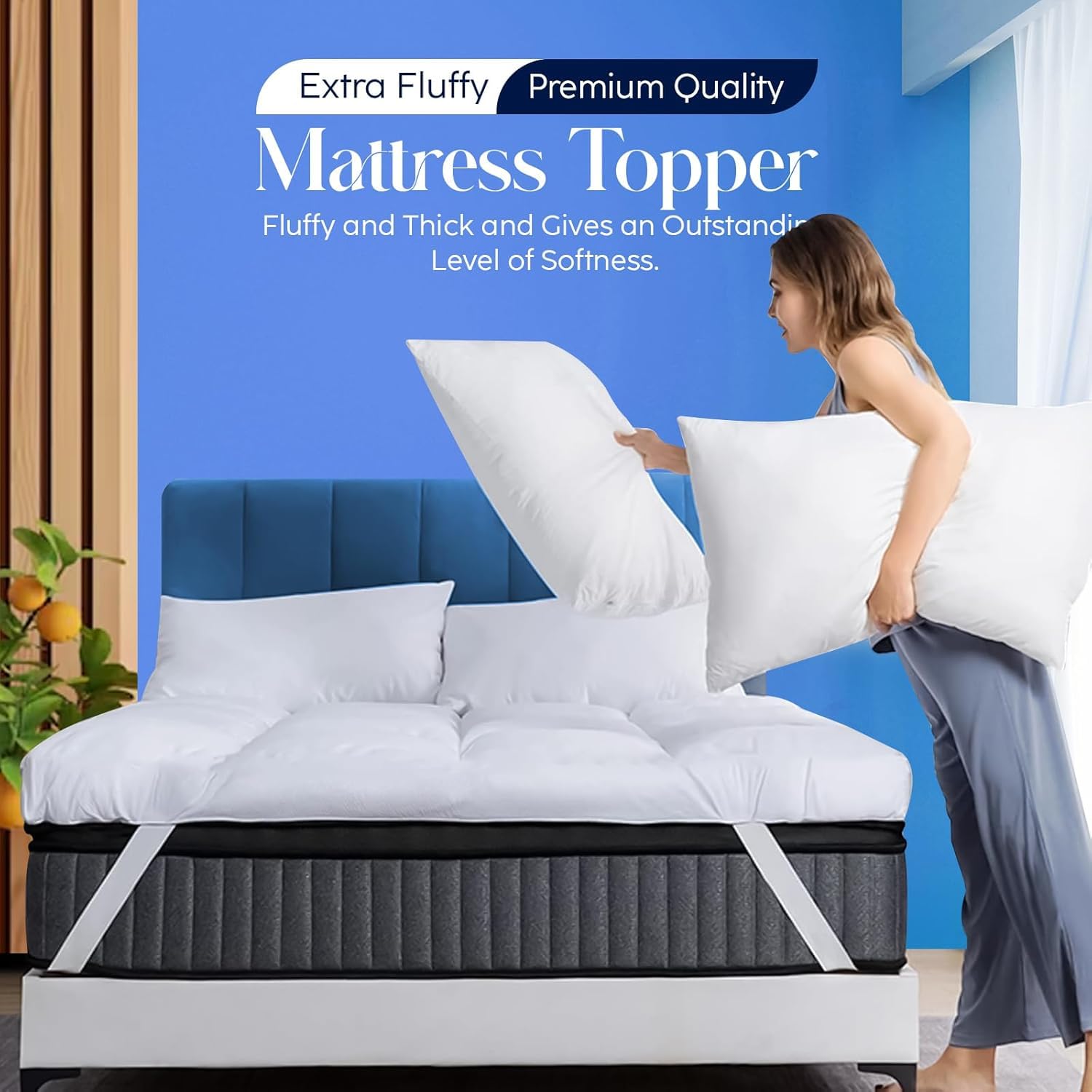 Mattress Topper Double Bed - 10CM Extra Thick Double Mattress Topper - 1000GSM Filling Fiber - Luxurious Comfort, Hypoallergenic, Elastic Straps Deep Pocket Thick