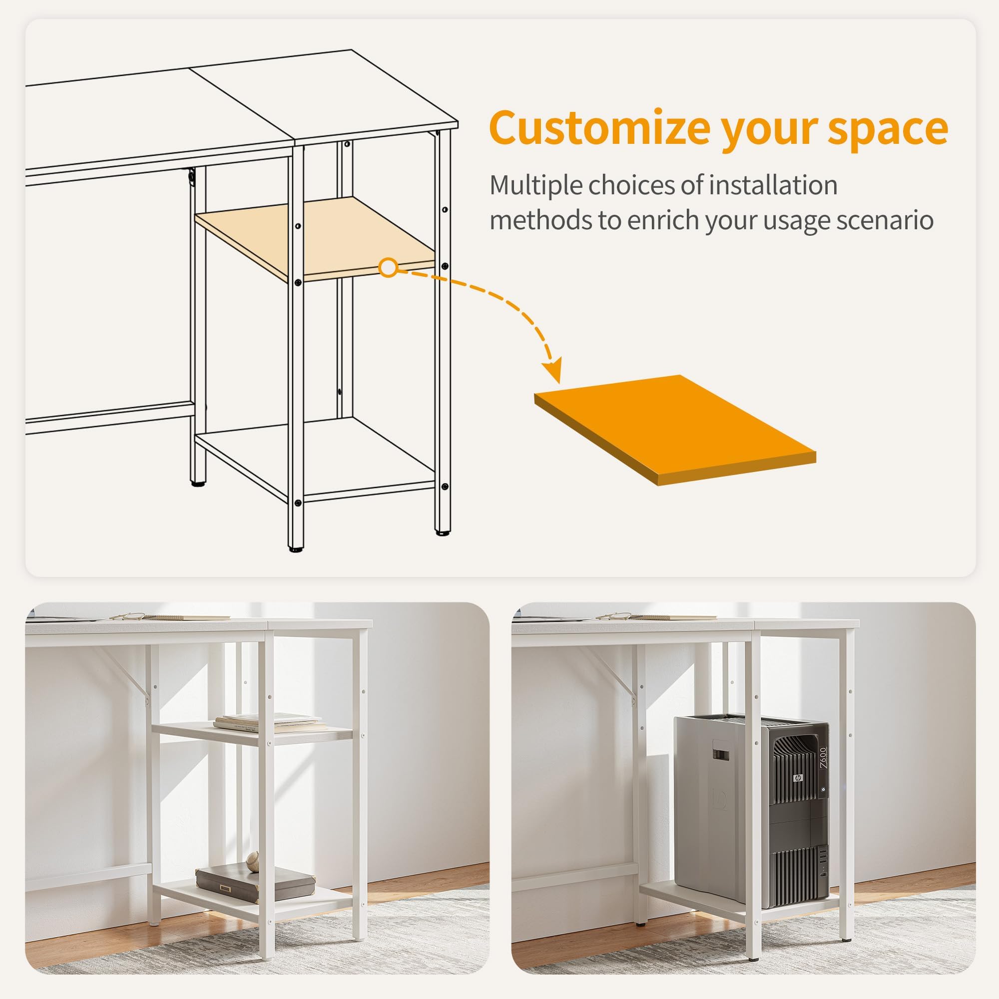 CubiCubi Computer Desk with Monitor Stand and Storage Shelves, 120cm Home Office Desk Study Writing Table, White