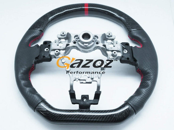GAZOZ PERFORMANCE Carbon Fiber D-Shape Leather Steering Wheel Red Stripe for 15-20 Subaru WRX STI