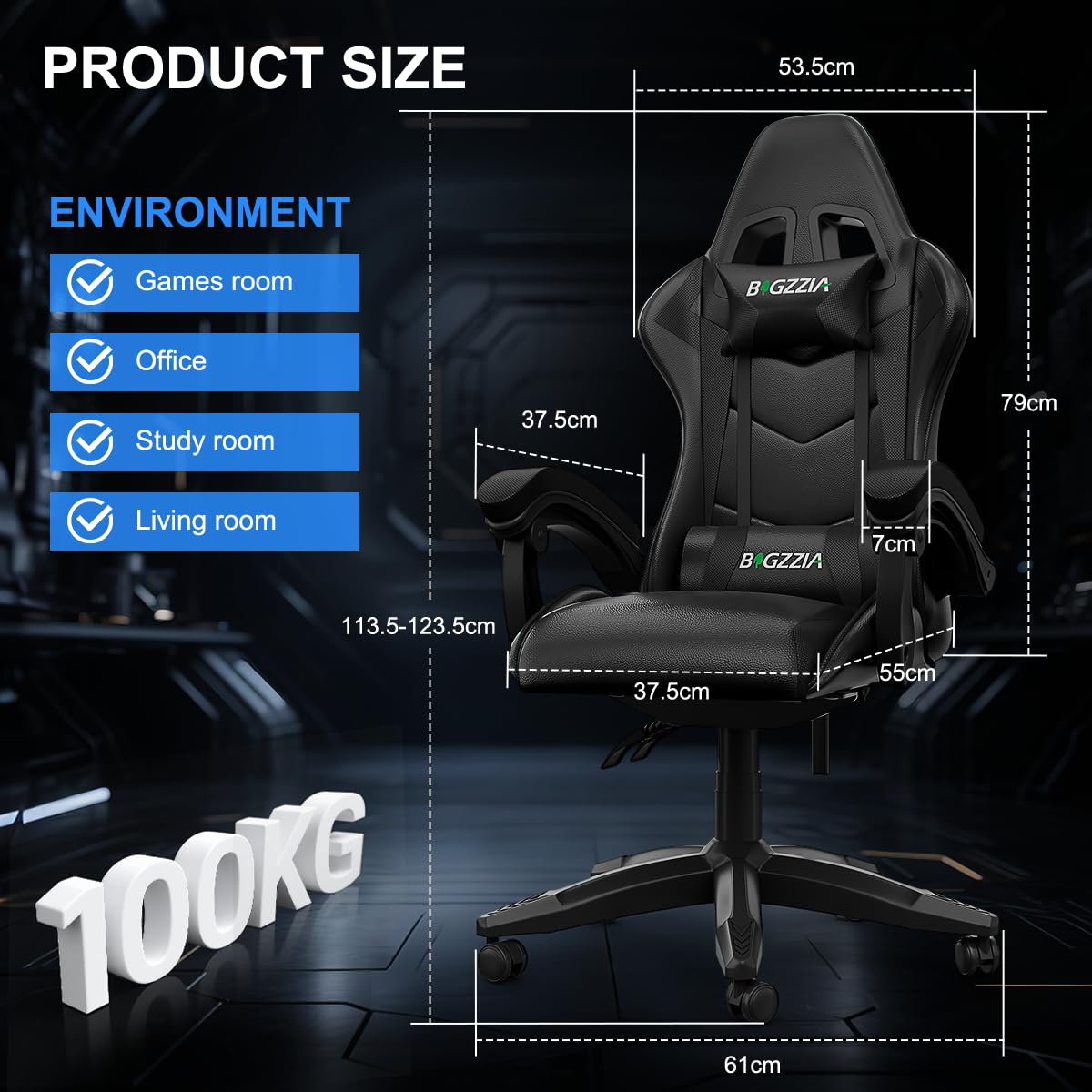 bigzzia Ergonomic Gaming Chair - Gamer Chairs with Lumbar Cushion + Headrest, Height-Adjustable Office & Computer Chair for Adults (without footrest, White)