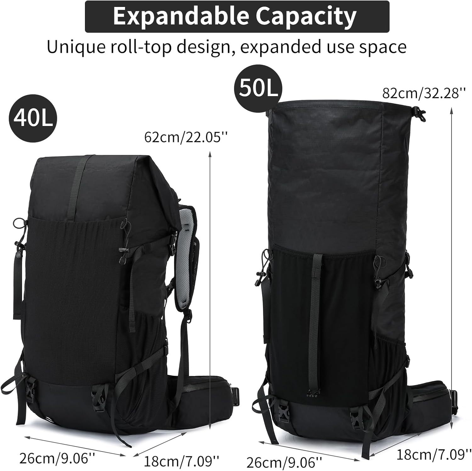 POWER KING 40L Expandable TO 50L Hiking Backpack,Upgraded X-PAC Scratch-proof Lightweight Large Rucksack for Mens Women, Outdoor Roll Top Camping Packsack, Fit for 15.6'' Laptop