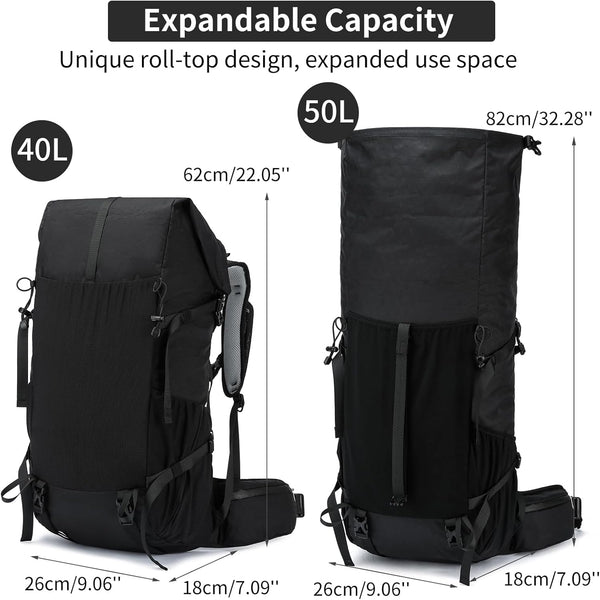 POWER KING 40L Expandable TO 50L Hiking Backpack,Upgraded X-PAC Scratch-proof Lightweight Large Rucksack for Mens Women, Outdoor Roll Top Camping Packsack, Fit for 15.6'' Laptop