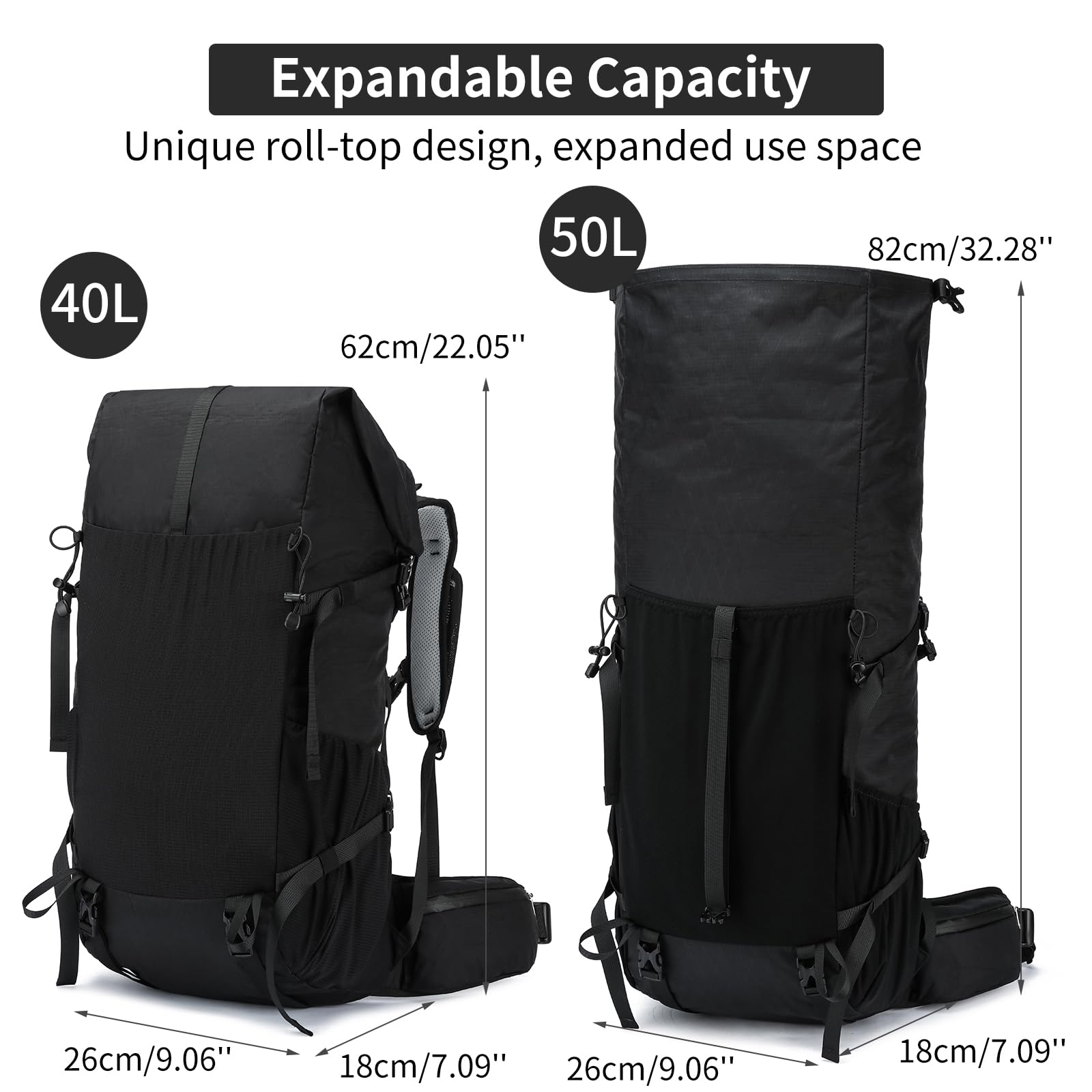 POWER KING 40L Expandable TO 50L Hiking Backpack,Upgraded X-PAC Scratch-proof Lightweight Large Rucksack for Mens Women, Outdoor Roll Top Camping Packsack, Fit for 15.6'' Laptop