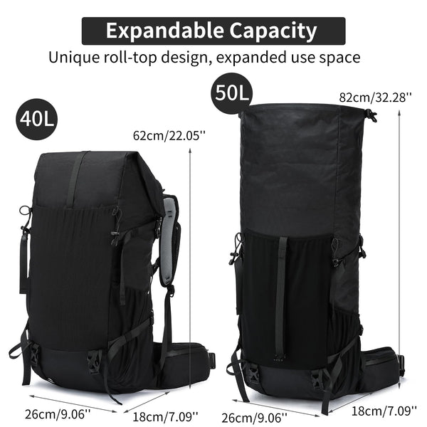 POWER KING 40L Expandable TO 50L Hiking Backpack,Upgraded X-PAC Scratch-proof Lightweight Large Rucksack for Mens Women, Outdoor Roll Top Camping Packsack, Fit for 15.6'' Laptop