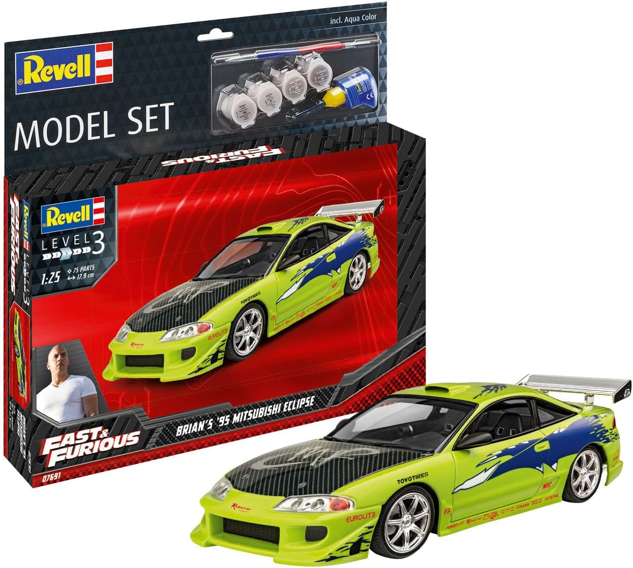 Revell Model Set 67691 Fast & Furious Brian's 1995 Mitsubishi Eclipse 1:25 Scale Unbuilt/Unpainted Plastic Model Kit with Contacta Professional Glue, Paintbrush & Selected Aqua Color Paints