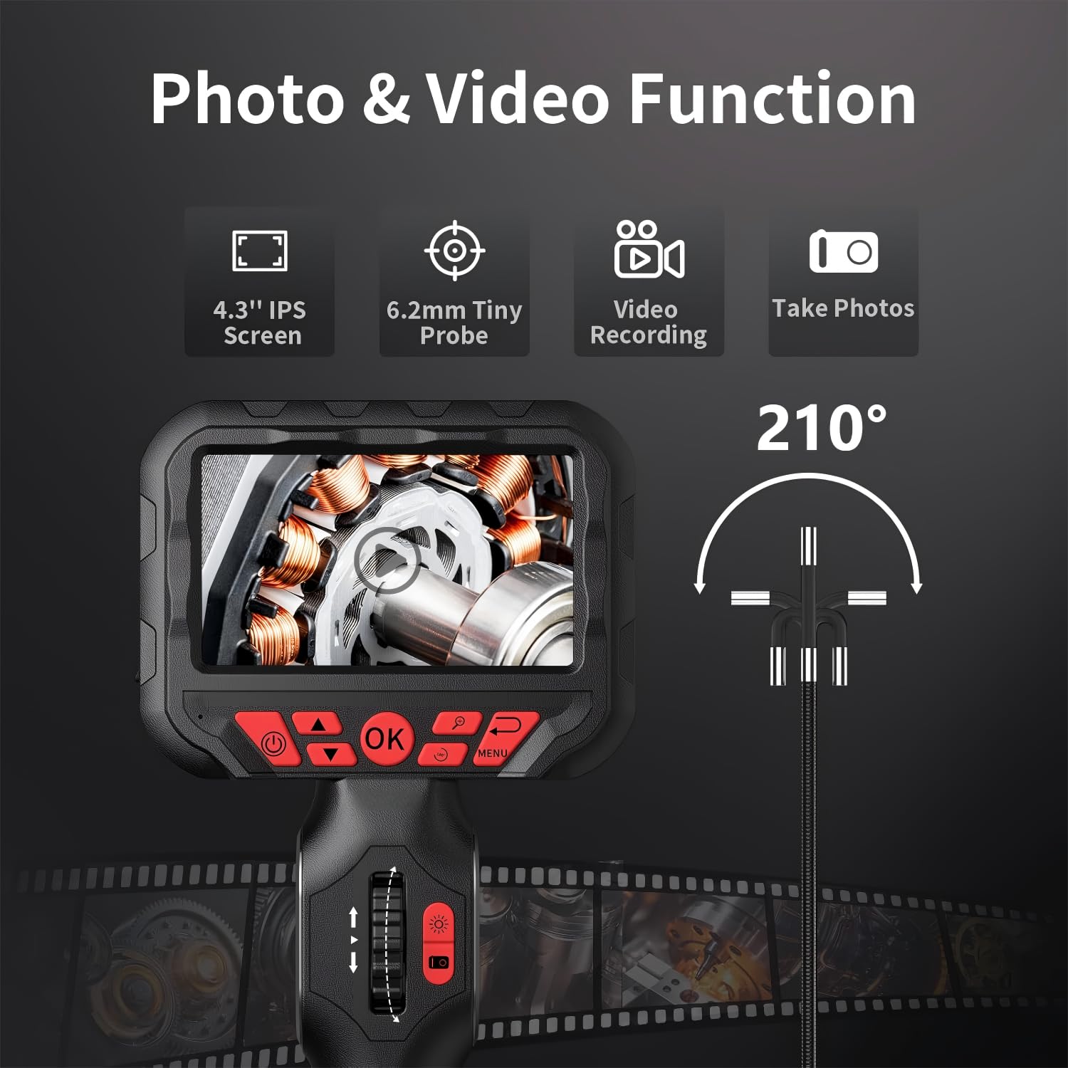 GOLDEGGS Two-Way Articulating Endoscope Inspection Camera with Light, IP67 Waterproof Flexible Snake Borescope Camera for Wall/Automotive/Sewer/Air Conditioner/Home Appliance Repair with (5.2FT/1.5M)