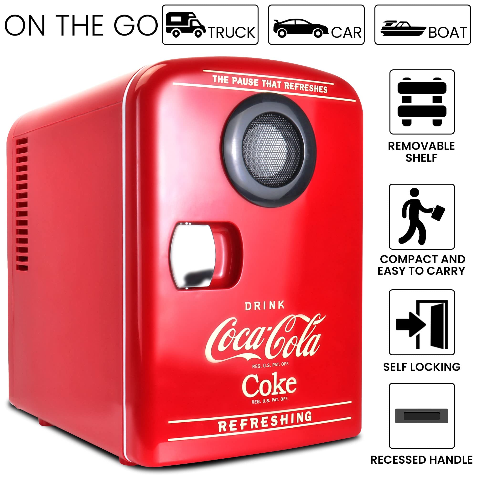 Coca Cola Mini Fridge For Bedrooms 5L Retro Vending Machine Style Cool Box 10 Can Quiet Mini Fridges with Display Window For Coke Beverages Food Drinks Home 12v Portable Cooler Box, Red