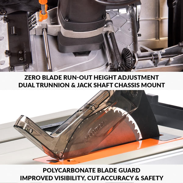 Evolution Power Tools R255TBLX+ Table Saw With Stand (Next Gen Rage 5-S) Multi-Material Cutting Blade Included Cuts Wood Metal Plastic, 45˚ Bevel, +/- 60˚ Mitre Angle, 85mm Cut Depth, 1800w Motor 240v