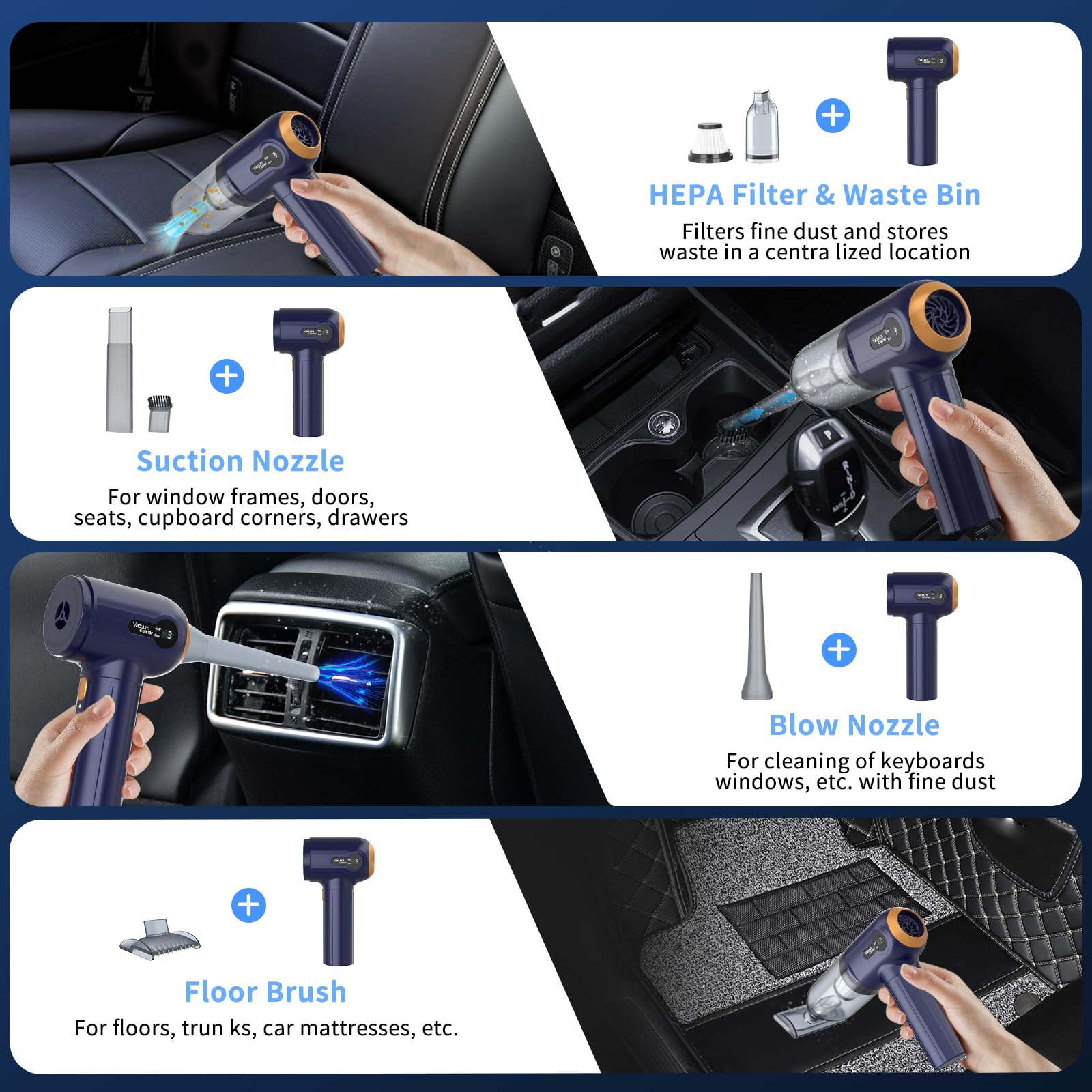 Handheld Car Vacuum Cleaner, 15000Pa Powerful Vacuum Cleaner Cordless, 3 in 1 Lightweight Vacuum & Blower Dust Buster, LED Display, USB Rechargeable Mini Cleaner for Car, Home and Pet Hair Cleaning