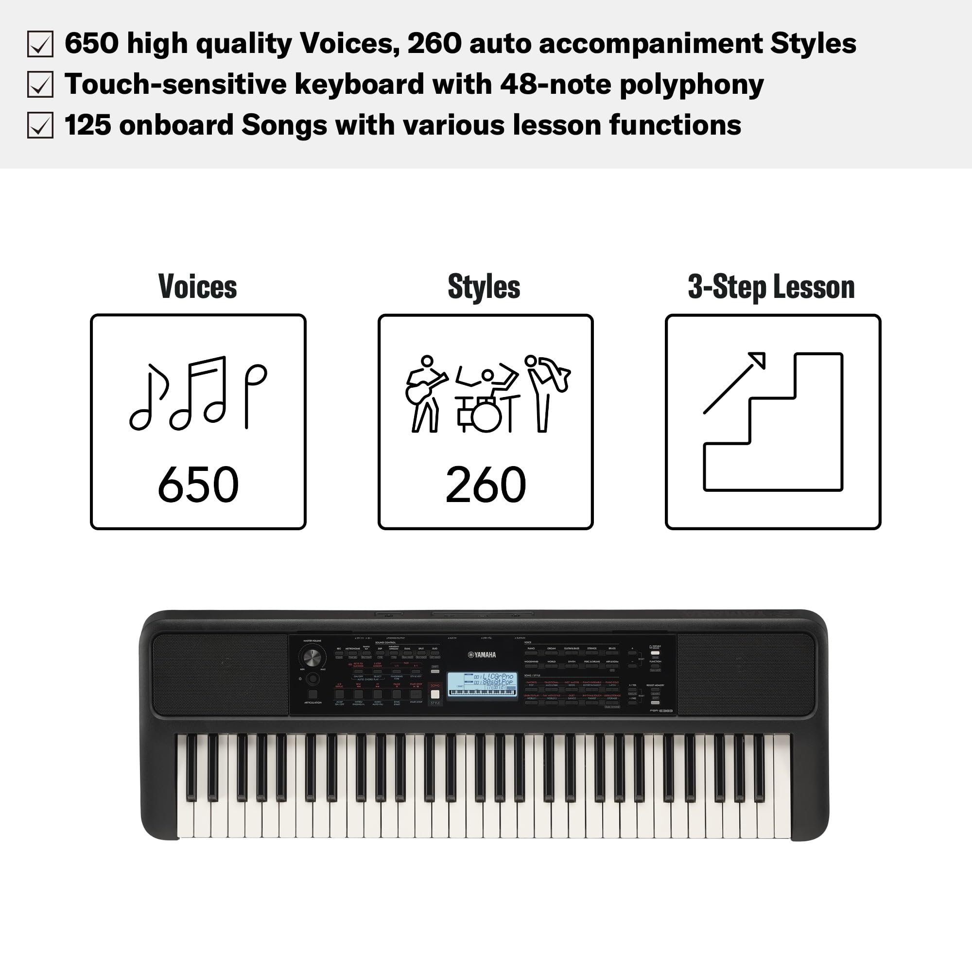 Yamaha PSR-E383 Portable Keyboard for Beginners, 650 Authentic Instrument Voices and Touch-Sensitive Keys with 48-Note Polyphony, Includes 2 Online Lessons with Yamaha Music School Teacher
