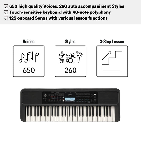 Yamaha PSR-E383 Portable Keyboard for Beginners, 650 Authentic Instrument Voices and Touch-Sensitive Keys with 48-Note Polyphony, Includes 2 Online Lessons with Yamaha Music School Teacher