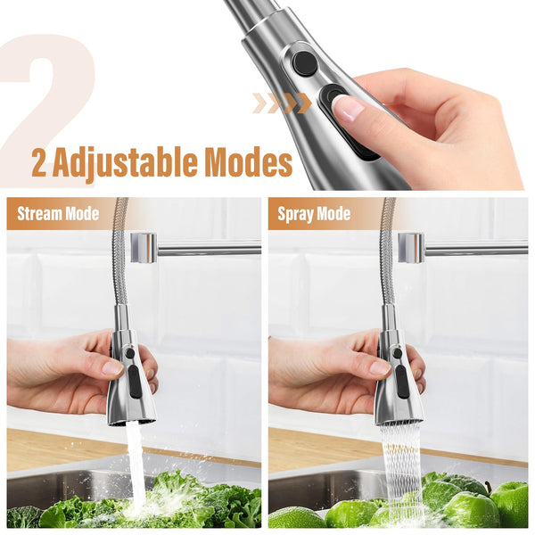 ModHm Pull-Out Kitchen Taps, Brushed Steel Single Handle High-Arc with Hot/Cold Dual Hose Kitchen Mixer Tap, Countertop 360° Swivel Dual Spray Modes Faucet, Easy Installation with Fittings Included