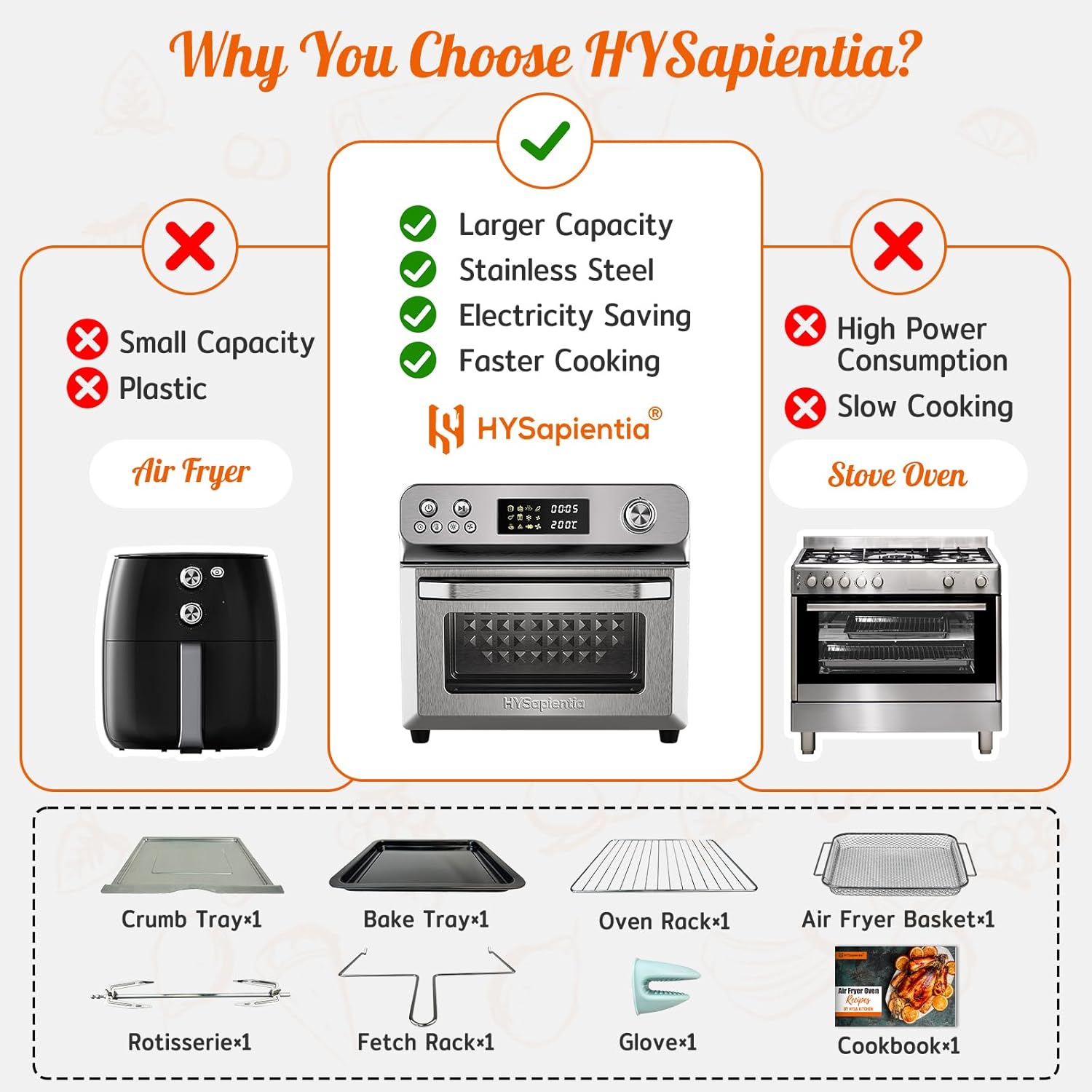 HYSapientia® 24L Air Fryer Oven With Rotisserie Large XXL Digital Knob 1800W 10 in 1 airfryer Countertop Convection Mini Toaster Oven electric and grill, Stainless steel inner, Full Accessory Set