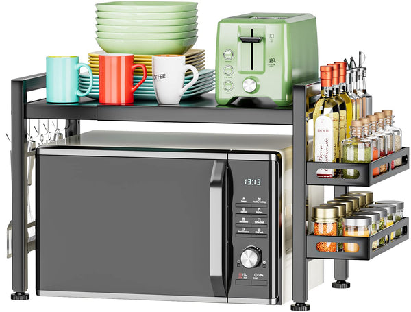 EKNITEY Extendable Microwave Oven Rack - Over Microwave Shelf Countertop 2 Tier Kitchen Microwave Stand (L15.7~23.6" xW12.8 xH17.7) with Spice Rack