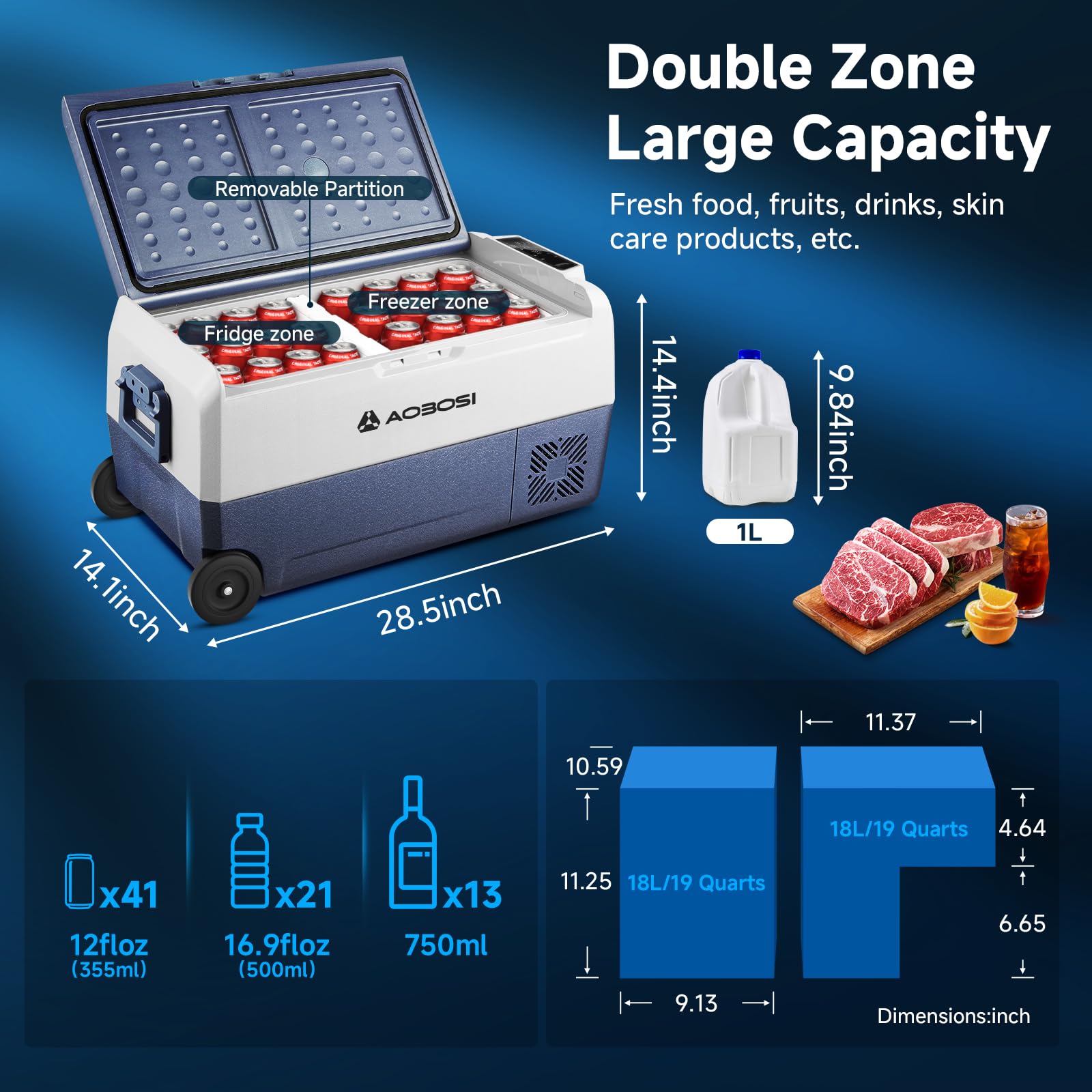 AAOBOSI 50L Compressor Car Fridge Freezer, Portable Camping Fridge with APP Control for 12/24V DC & 100-240V AC, Electric Cooler for Truck Campervan RV Boat, -20℃ to 20℃