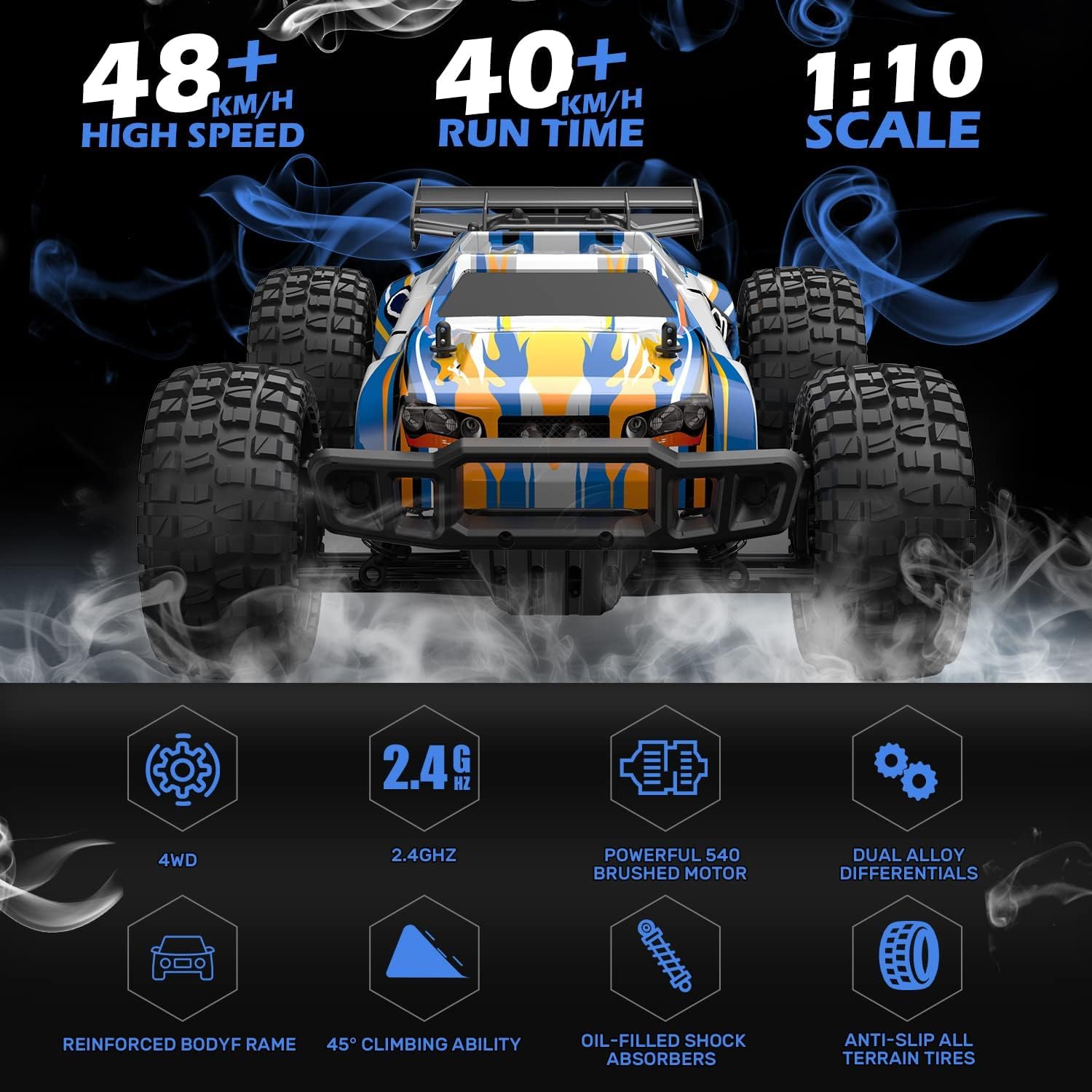 DEERC Remote Control Car 1:10 Scale RC Cars 48+ KM/H High Speed 40+Min Play, 4WD All Terrains Off Road Radio RC for Adults and Kids Hobby RC Truck Vehicle, 2 Battery Crawler Toy Gift for Boys