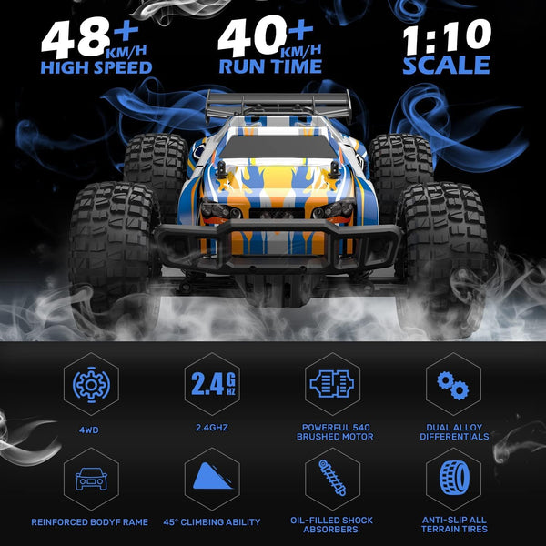 DEERC Remote Control Car 1:10 Scale RC Cars 48+ KM/H High Speed 40+Min Play, 4WD All Terrains Off Road Radio RC for Adults and Kids Hobby RC Truck Vehicle, 2 Battery Crawler Toy Gift for Boys