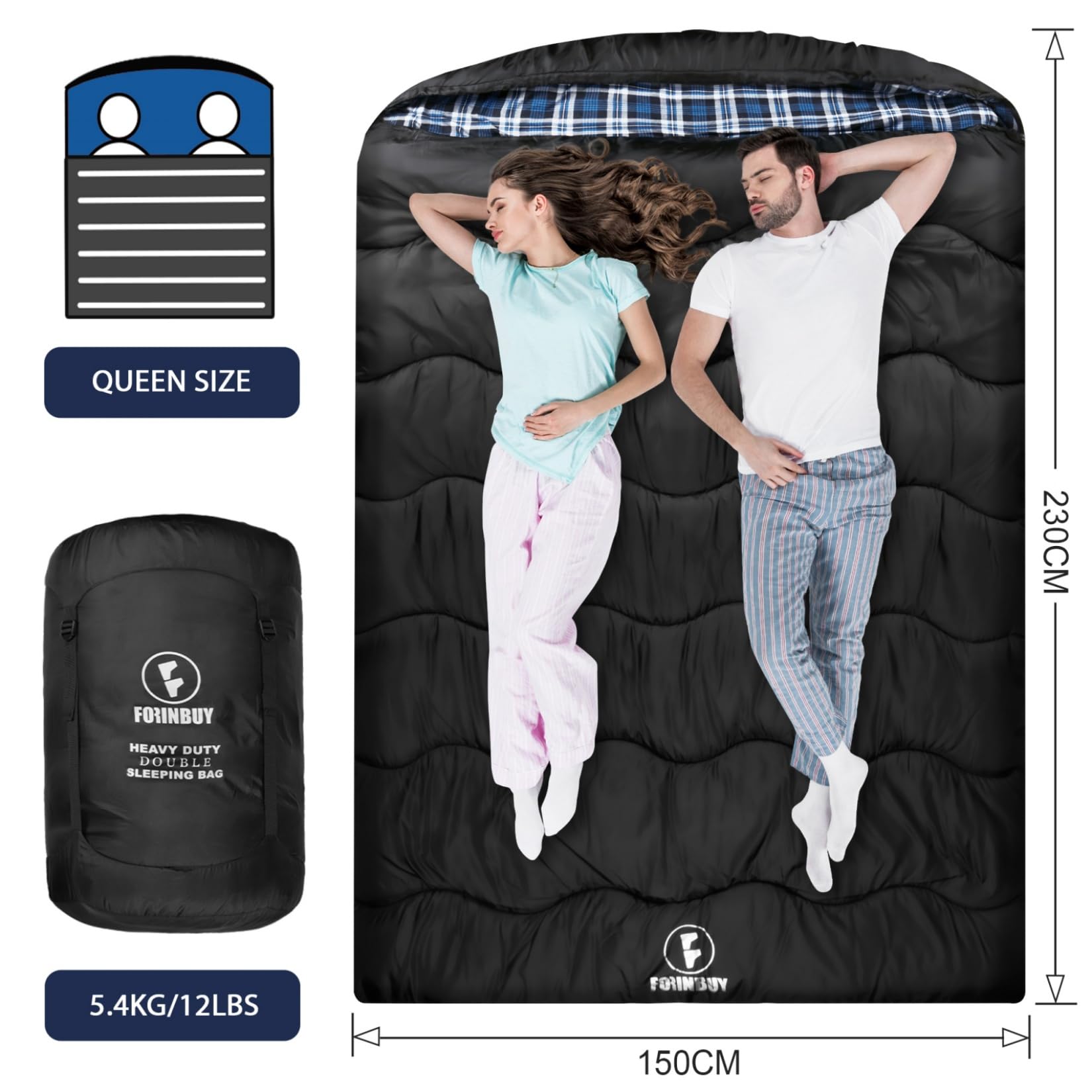 FORINBUY Winter Cotton Flannel Double Sleeping Bag for Adults - 0 degree Queen Size 2 Person Sleeping Bag, Waterproof & Warm for Cold Weather, Ideal for Couples, Family Camping & RV Travel