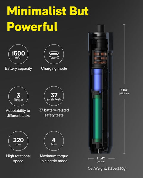 HOTO Electric Screwdriver Set, 3.6V Rechargeable Screwdriver Set with 12 S2-Steel Bits, Cordless Power Screwdriver with LED Light, All-in-One Design, 3 Torque, 4N·m 1500mAh, USB-C Charging