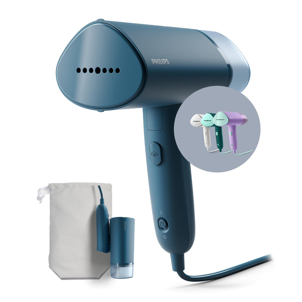 Philips 3000 Series Handheld Steamer, 1000W, 20 g/min Steam, Kills Germs, Detachable 100ml Water Tank, Compact + Foldable, Plastic Plate, Blue (STH3000/26)