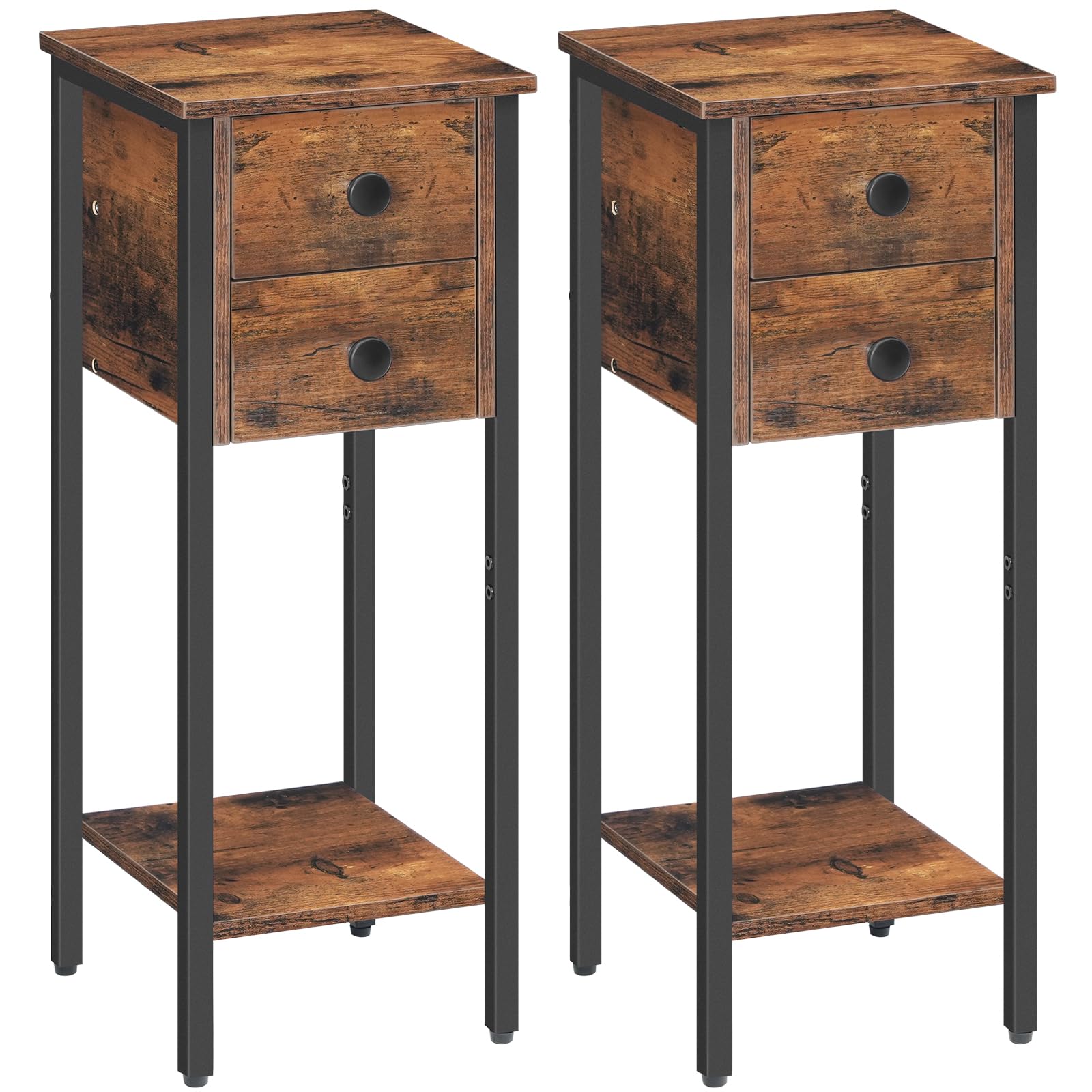 HOOBRO Narrow Bedside Table Set of 2, Slim Bedside Table, Telephone Table with 2 Drawers, Tall Side Table with Metal Frame, Small Nightstand with Open