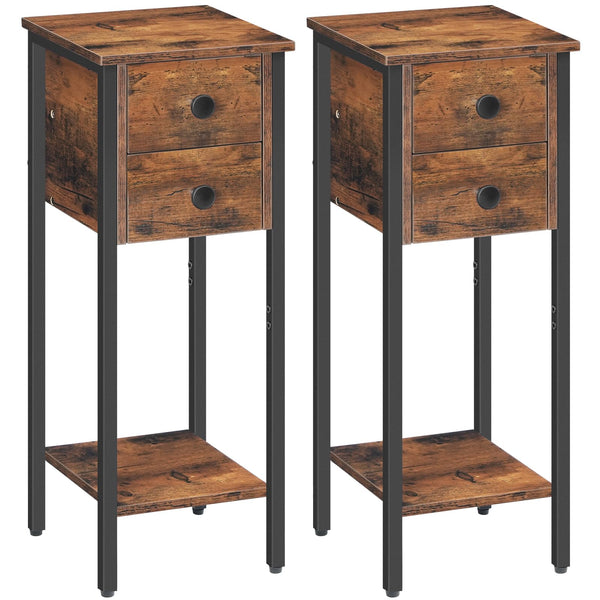 HOOBRO Narrow Bedside Table Set of 2, Slim Bedside Table, Telephone Table with 2 Drawers, Tall Side Table with Metal Frame, Small Nightstand with Open
