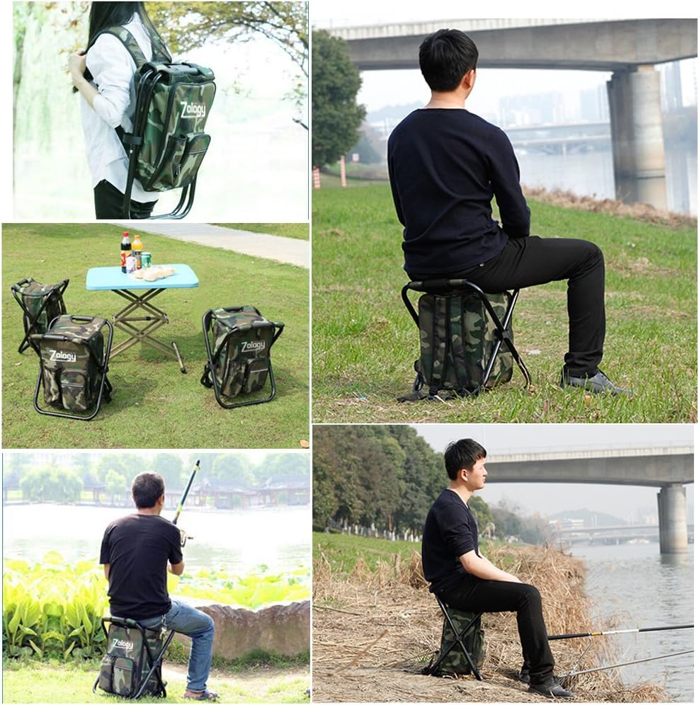 Zology Folding Camping Chair Stool Backpack with Cooler Insulated Picnic Bag, Camouflage Portable Hiking Seat Table Bag for Outdoor Indoor Fishing Travel Beach BBQ