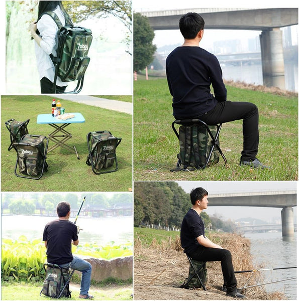 Zology Folding Camping Chair Stool Backpack with Cooler Insulated Picnic Bag, Camouflage Portable Hiking Seat Table Bag for Outdoor Indoor Fishing Travel Beach BBQ
