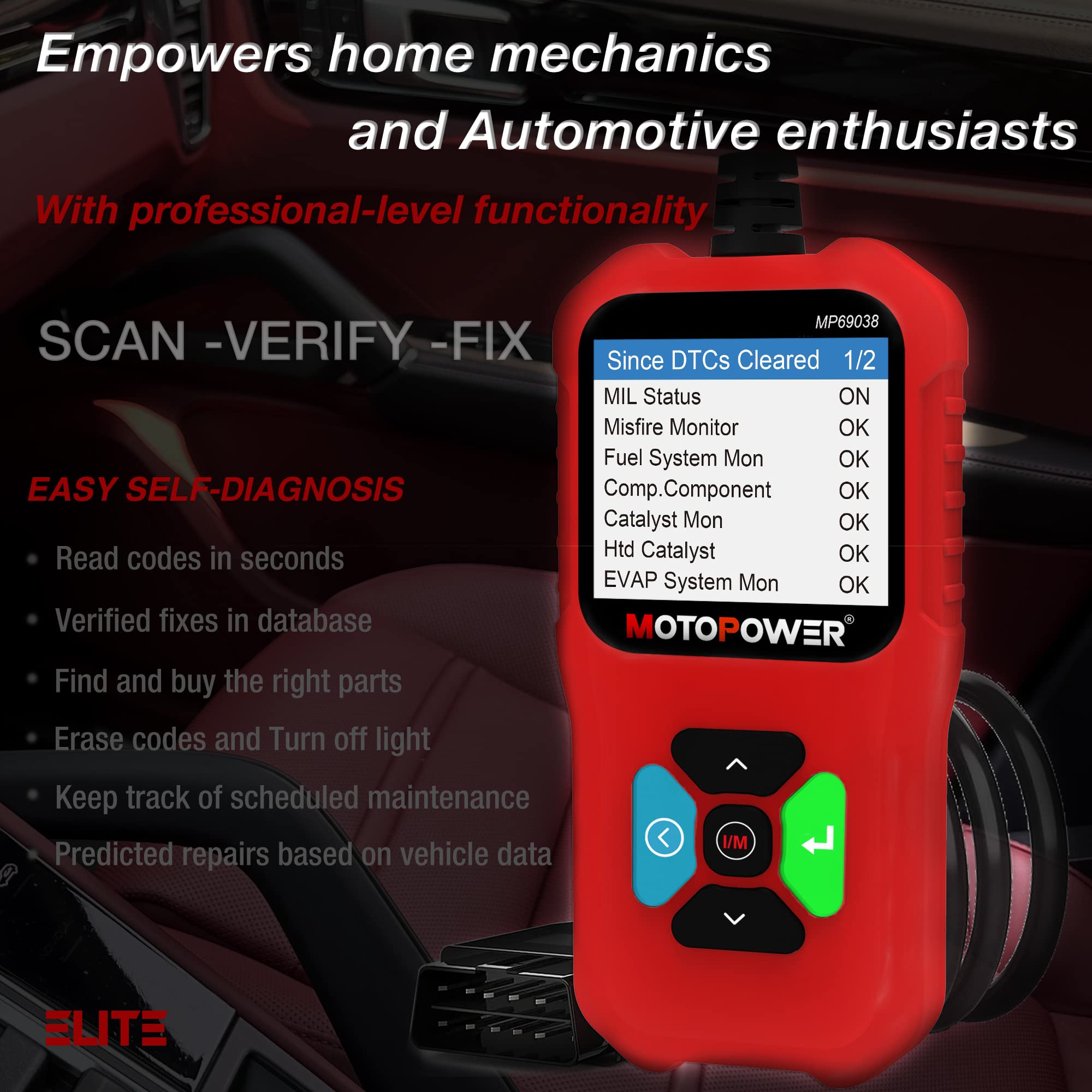 MOTOPOWER MP69038 Car OBD2 Scanner Code Reader Engine Fault Code Reader Scanner CAN Diagnostic Scan Tool - Elite Edition