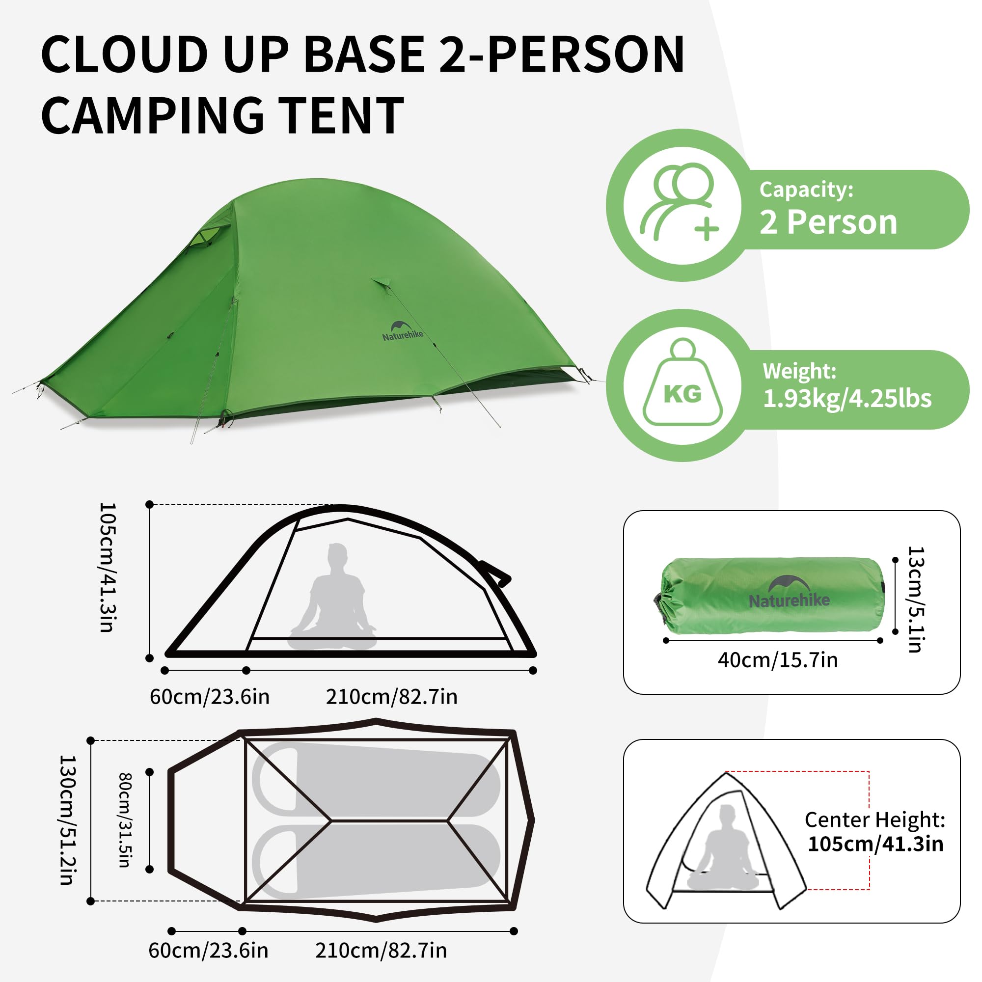 Naturehike Cloud up 2 Camping Tent 2 Man Backpacking Tent 3-4 Season Wild Country Tent Lightweight Dome Tent
