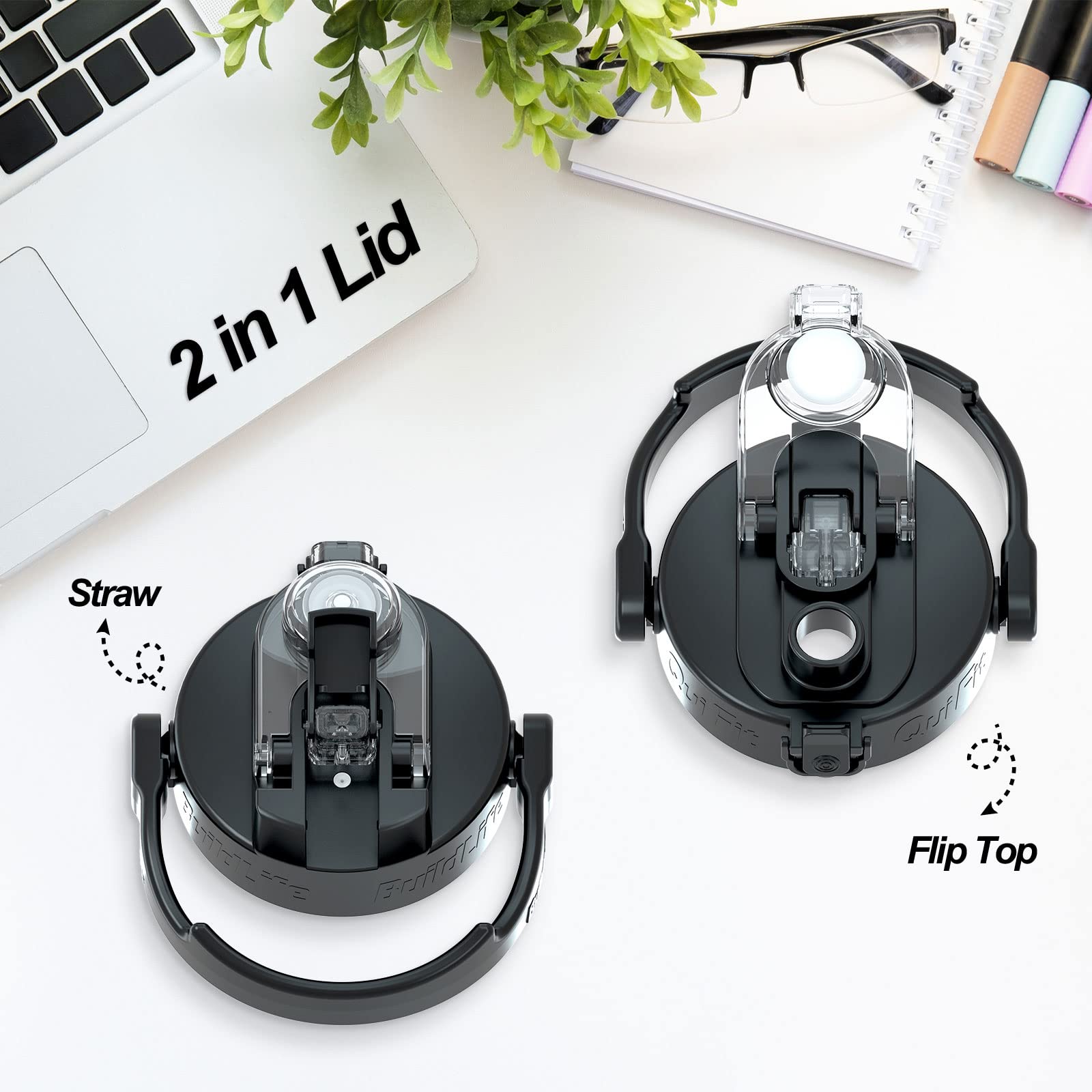 BuildLife Water Bottles with Straw & Flip Cap 2 in 1 Lid - Large Water Bottle with Time Markings BPA Free Leak Proof Wide Mouth Drinks Bottle,2.5 Litre Durable Sports Water Bottle (Black)