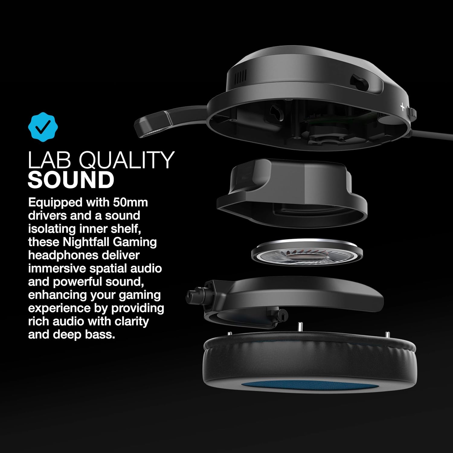 JLab Nightfall Over Ear Wired Gaming Headset - 3.5mm Jack Gaming Headset with Mic for PC/Xbox/ PS5/ PS4/ Nintendo Switch - 50mm Driver, Cloud Foam Cushions & Sound Isolating Inner Shelf