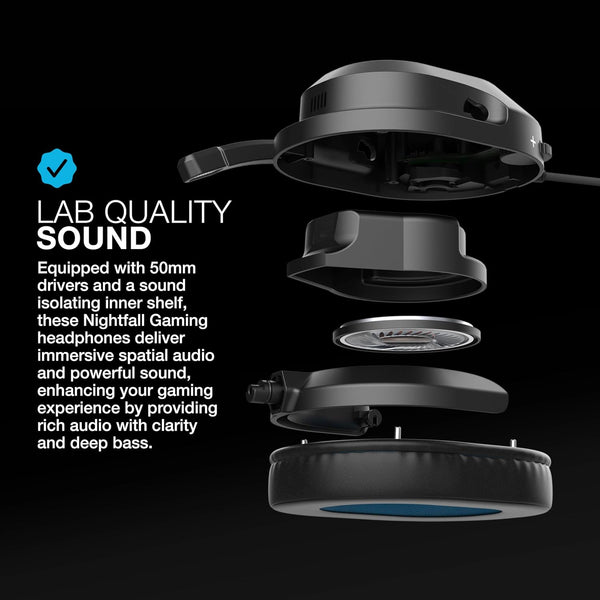 JLab Nightfall Over Ear Wired Gaming Headset - 3.5mm Jack Gaming Headset with Mic for PC/Xbox/ PS5/ PS4/ Nintendo Switch - 50mm Driver, Cloud Foam Cushions & Sound Isolating Inner Shelf