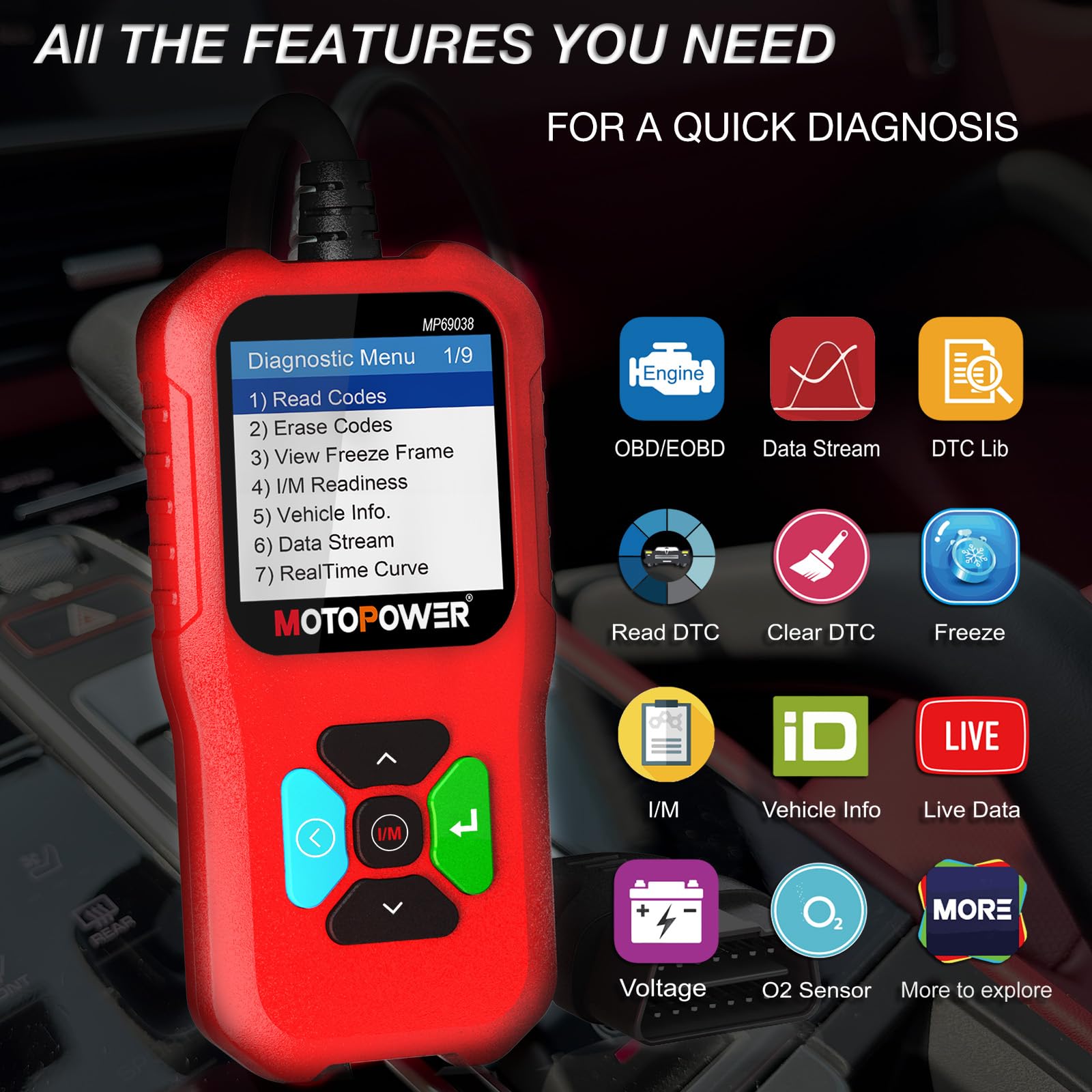 MOTOPOWER MP69038 Car OBD2 Scanner Code Reader Engine Fault Code Reader Scanner CAN Diagnostic Scan Tool - Elite Edition