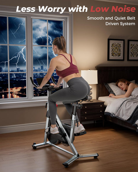 Superun Exercise Bike for Home Use Spin Bike with Adjustable Magnetic Resistance, Stationary Bike with LCD Display and APP, 136 kg Weight Capacity