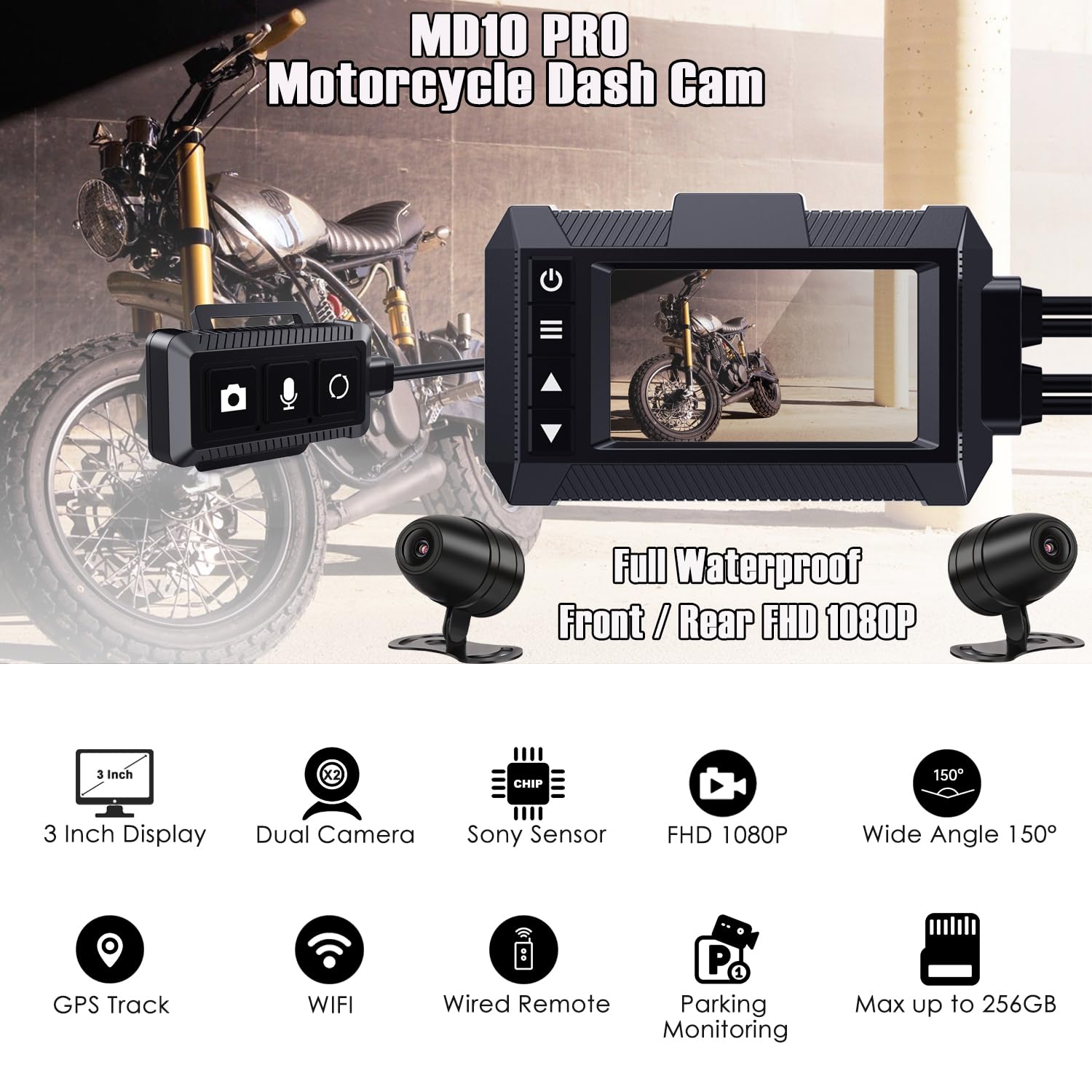 ydi Motorbike Dash Cam, New Upgraded Motorcycle Waterproof Camera 3'' LCD Front and Rear Camera FHD 1080P Wide Angle 150° with Built-in GPS, Wi-Fi, Wired Control, Max up to 256GB